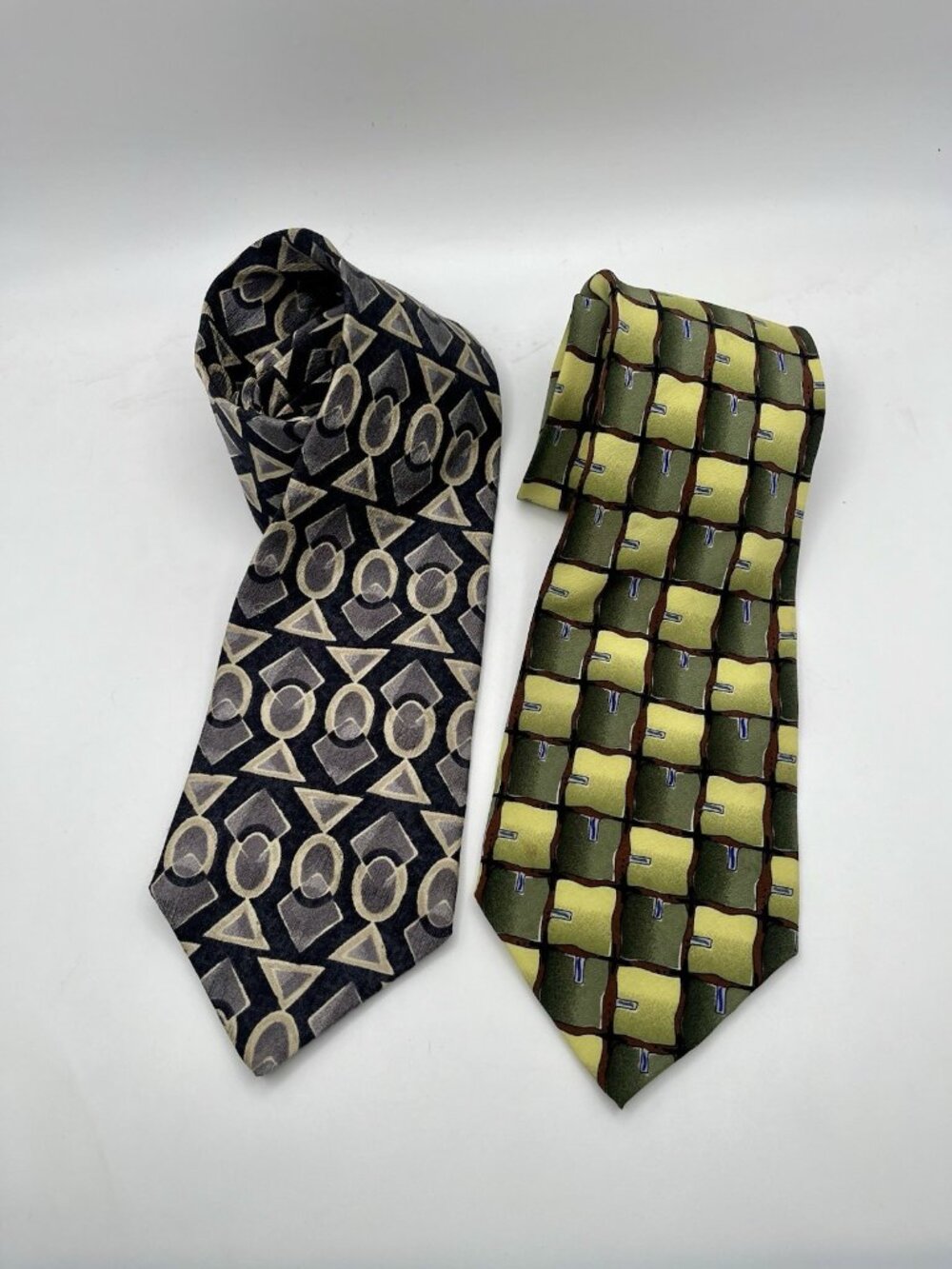 Vintage 1990s Silk Neckties Abstract Geometric Designer Mens Tie Lot Of 2 Green